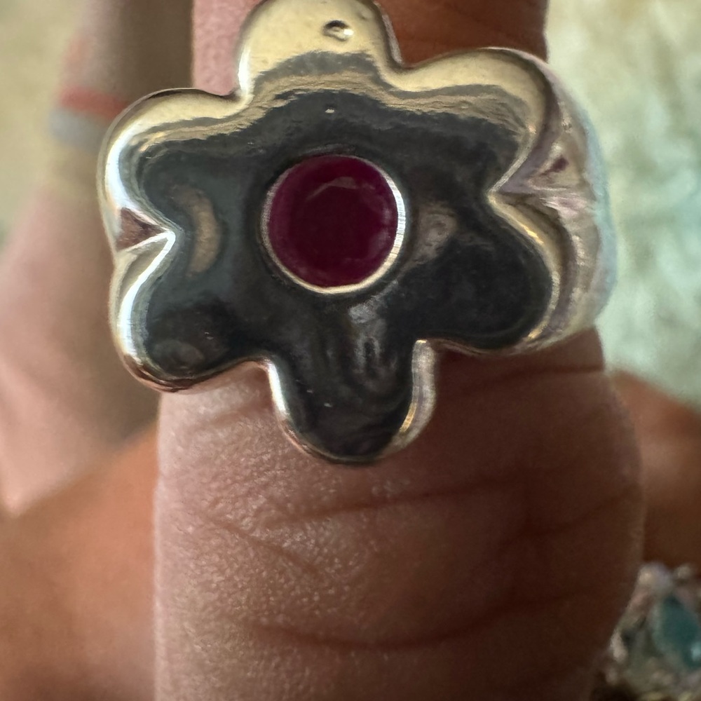Silver Flower Ring with Red Gemstone